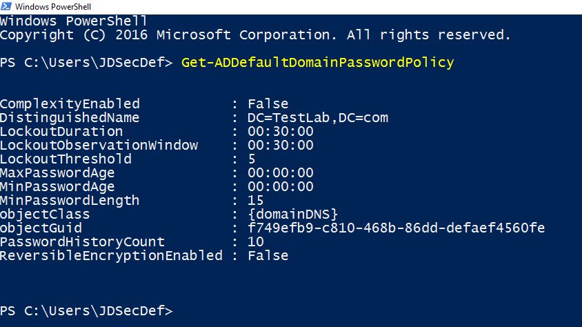 Active Directory domain password policy showing password complexity enabled